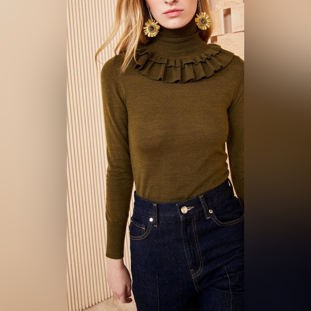 $425 Ulla Johnson Jean Wool Turtleneck Ruffle Olive Green Merino Wool Size XL